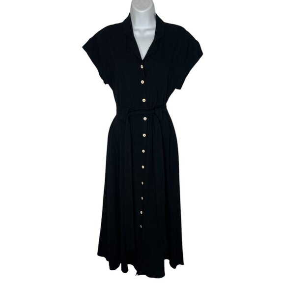 Miou Muse Button Down Flare Dress Shirt Dress Linen Blend Belted Black Small - Picture 1 of 13